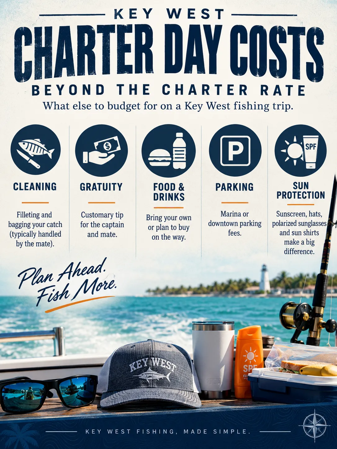 What a Key West charter day costs beyond the charter rate: cleaning, gratuity, food, parking and sun protection.