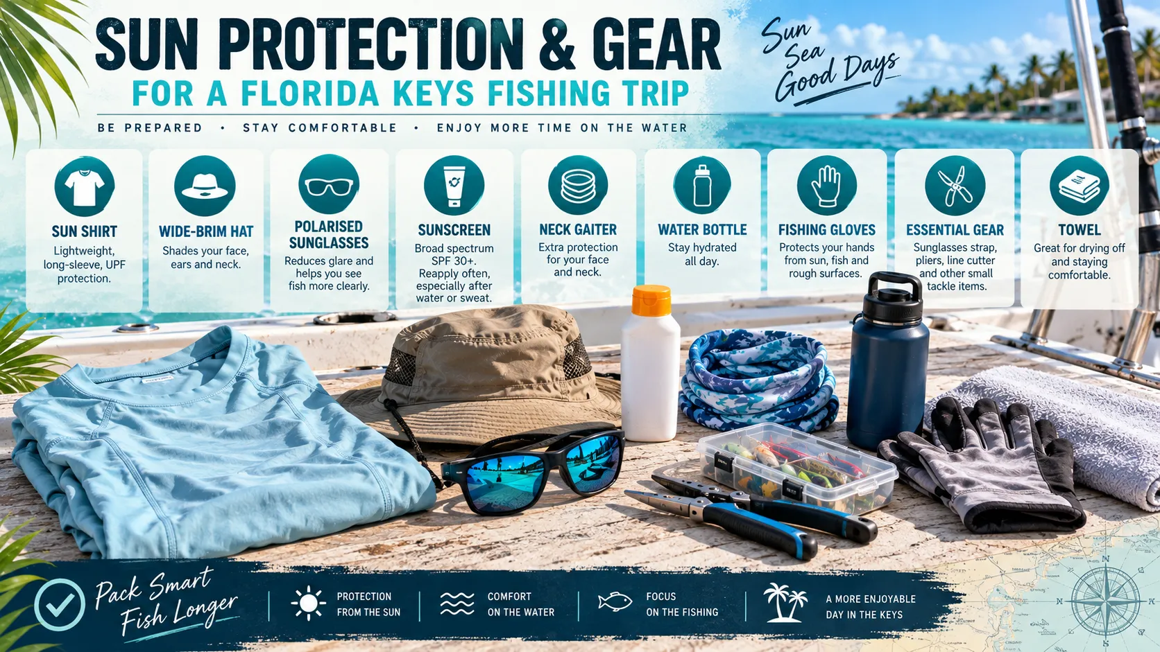 Infographic, Sun Protection and Gear for a Florida Keys Fishing Trip, showing nine items laid out on a dock. Sun shirt: lightweight, long-sleeve, UPF protection. Wide-brim hat: shades your face, ears and neck. Polarised sunglasses: reduce glare and help you see fish more clearly. Sunscreen: broad spectrum SPF 30+, reapplied often, especially after water or sweat. Neck gaiter: extra protection for your face and neck. Water bottle: stay hydrated all day. Fishing gloves: protect your hands from sun, fish and rough surfaces. Essential gear: sunglasses strap, pliers, line cutter and other small tackle items. Towel: for drying off and staying comfortable.